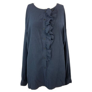 By Bar Amsterdam Shirt Womens Sz L Navy Blue Button Up‎ Ruffle Front Blouse Top